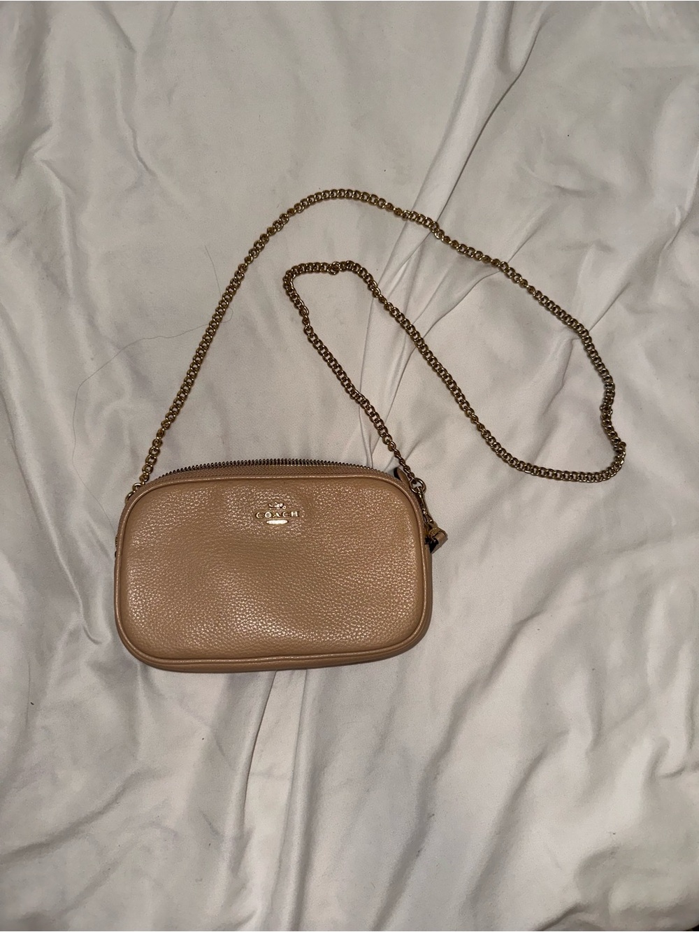 Coach Pebbled Leather Crossbody Pouch with Gold Hardware in Light Saddle
